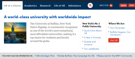 screenshot of the UB home page's UB at a Glance tab in the top navigation. 