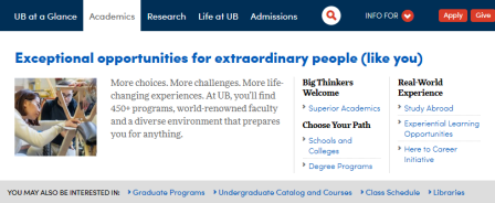 screenshot of the UB home page's Academics tab in the top navigation. 