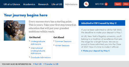 screenshot of the UB home page's Admissions tab in the top navigation. 