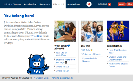 screenshot of the UB home page's Life at UB tab in the top navigation. 