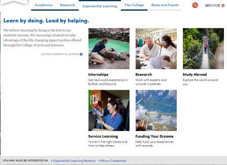 screenshot of the College of Arts and Sciences Experiential Learning tab in the top navigation. 